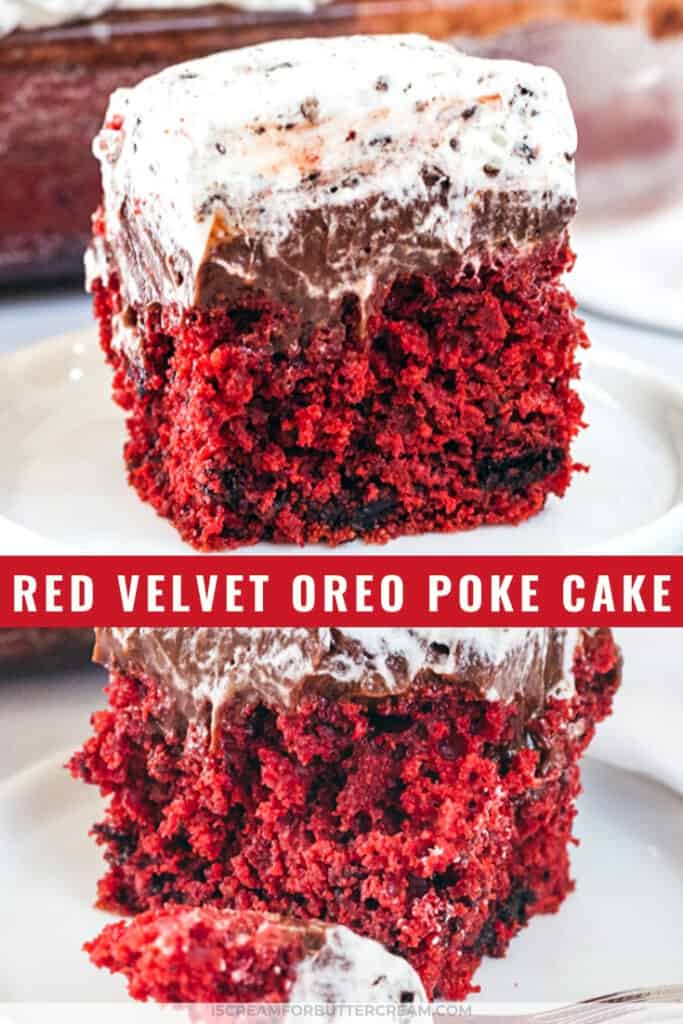 red velvet pudding poke cake on a white plate