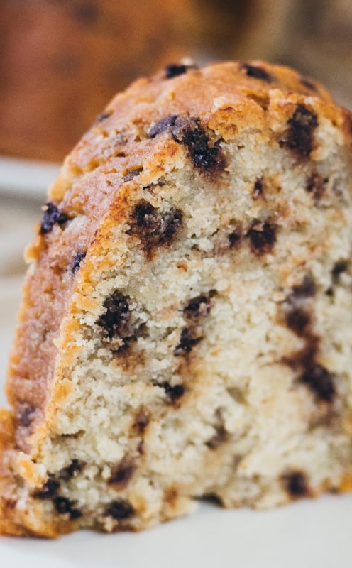 close up view of banana cake slice on a plate