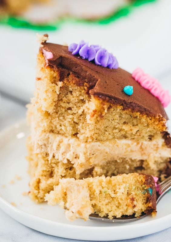 slice of peanut butter cake with filling