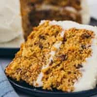 scratch carrot cake on a blue plate