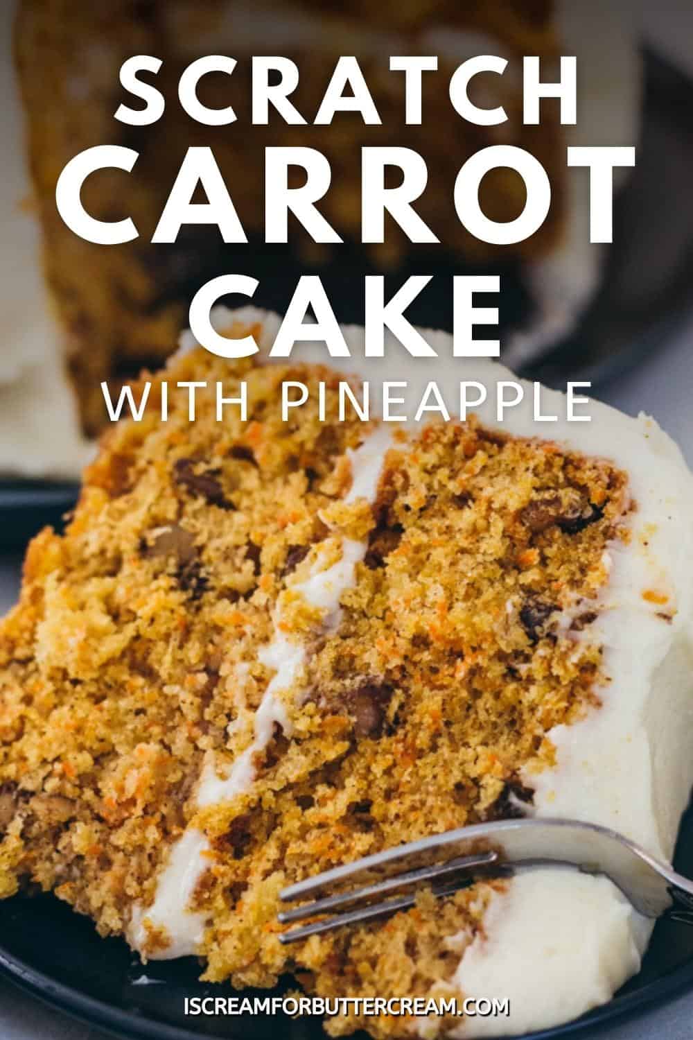 Carrot cake with a fork and text overlay pin graphic.