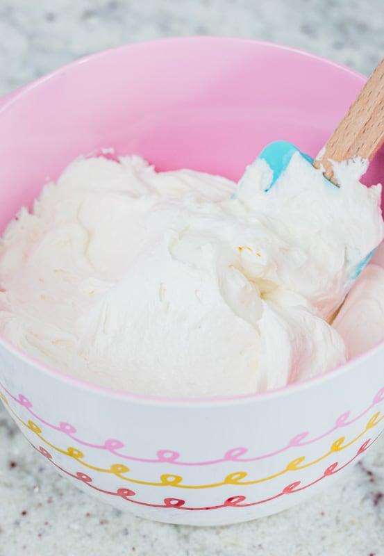 vanilla buttercream in a pink bowl