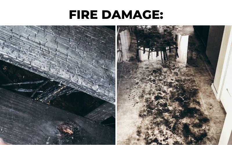 Fire damage in kitchen and beams.