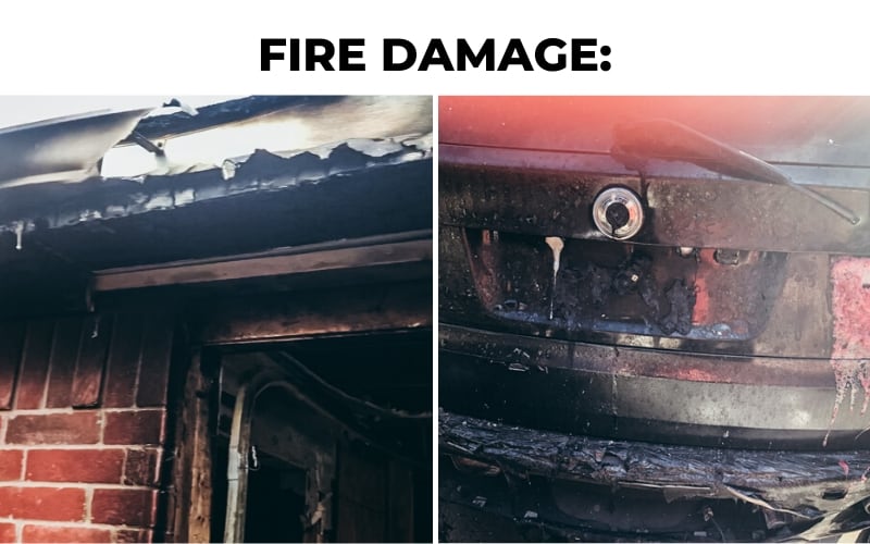 Fire damage to back of car and top of garage.