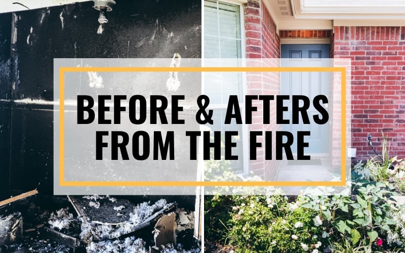 Graphic of house fire with text overlay that says before and after from teh fire.