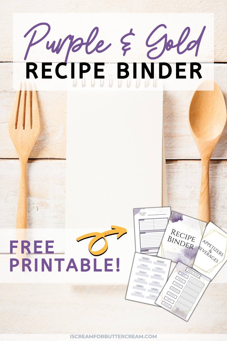 Free Purple & Gold Recipe Binder Printables pin graphic