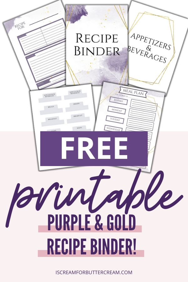 Free Purple & Gold Recipe Binder Printables pin graphic