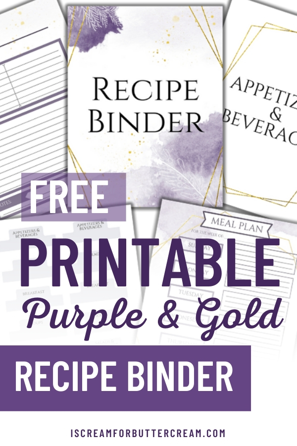 Free Purple & Gold Recipe Binder Printables pin graphic