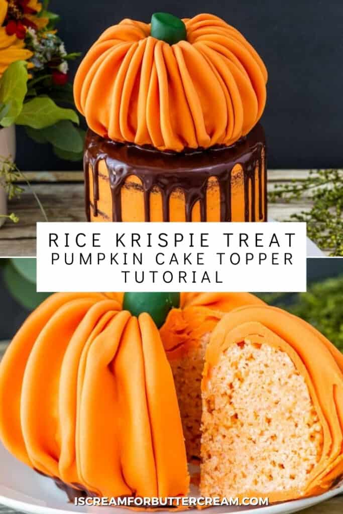 Two pic collage of rice krispie pumpkin cake topper with text overlay pin graphic.