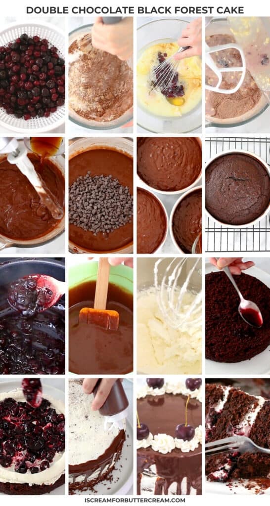 collage of black forest cake process