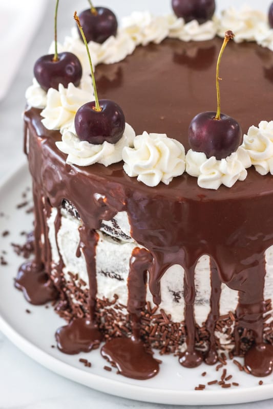 side view of black forest cake with drippy ganache and cherries on top