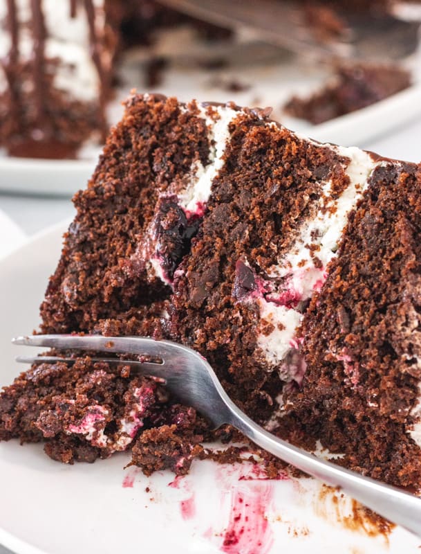 chocolate cherry cake slice on a plate with a fork