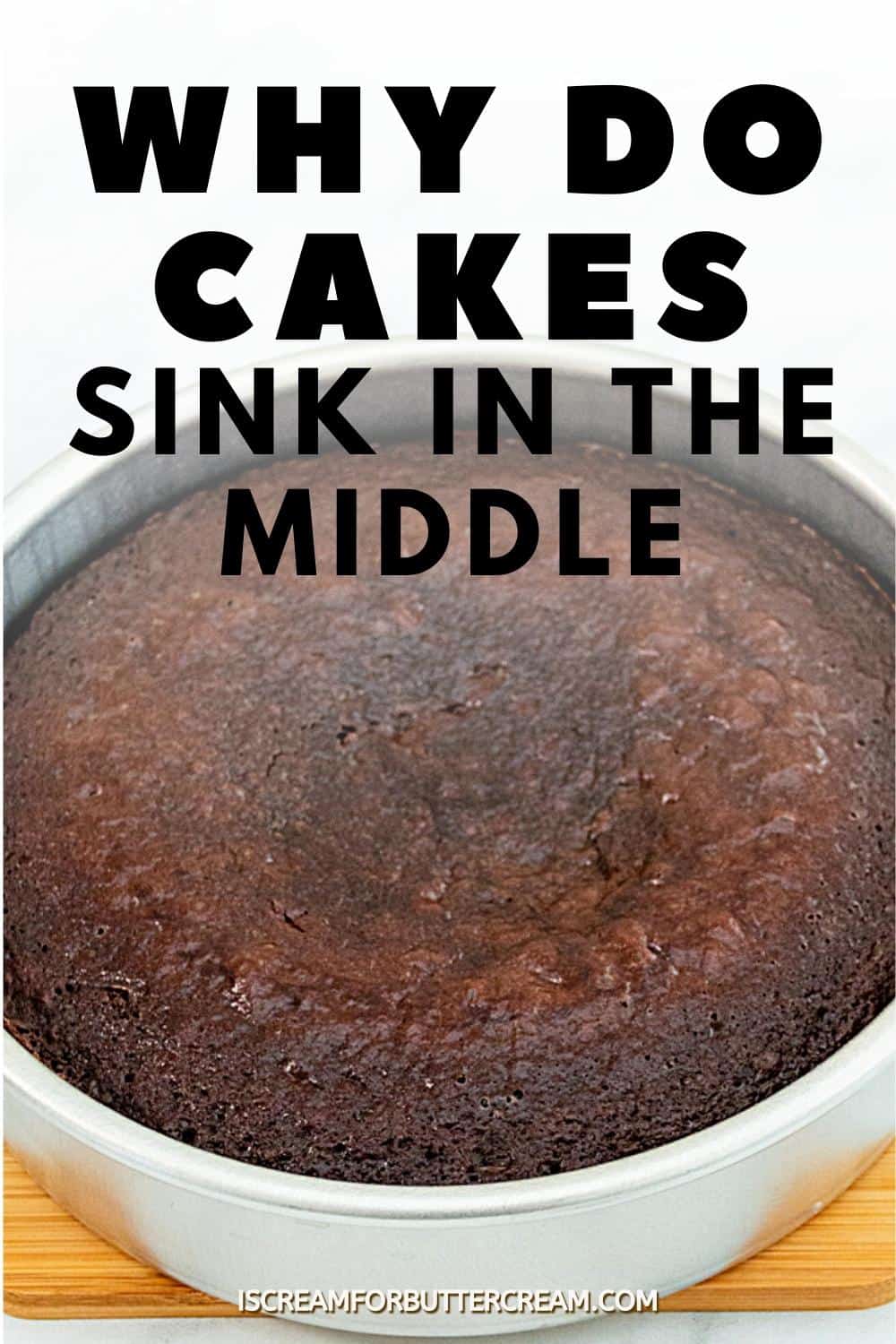 Cake layer in a pan with text overlay.