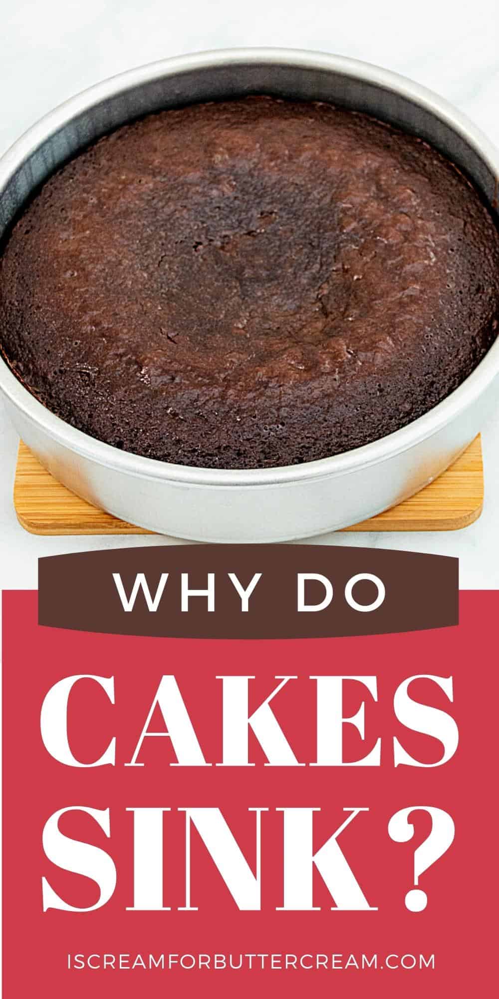 Top cake layer in a pan with text overlay.