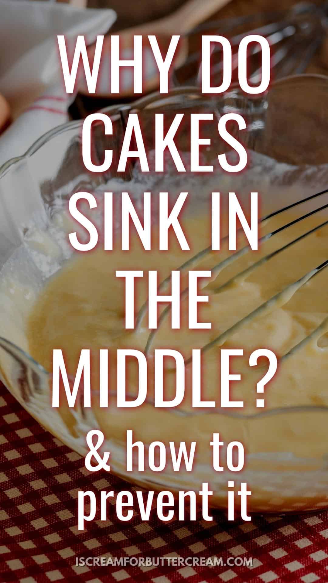 Cake batter in a bowl with whisk and text.
