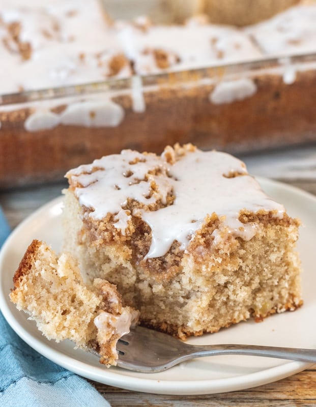 close up of apple cake with fork