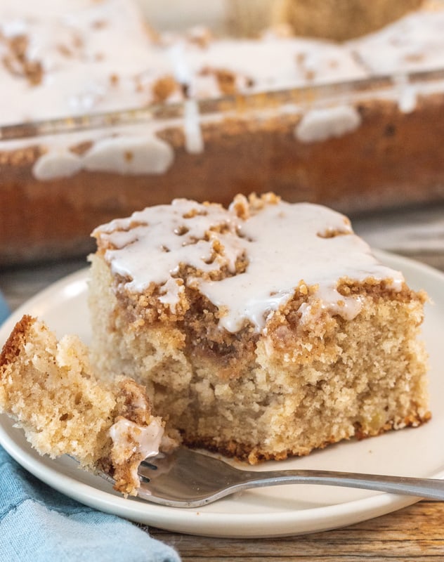 large slice of apple cinnamon cake with fork