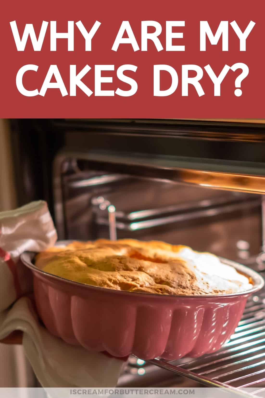 why are my cakes dry pinterest graphic with cake and print