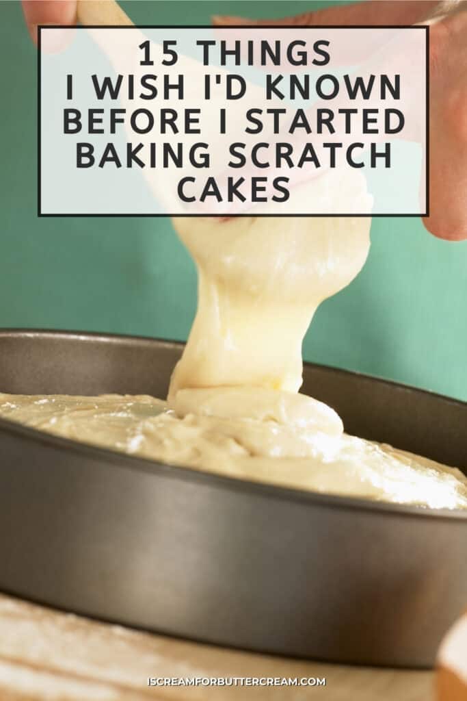 cake batter in pan with text overlay