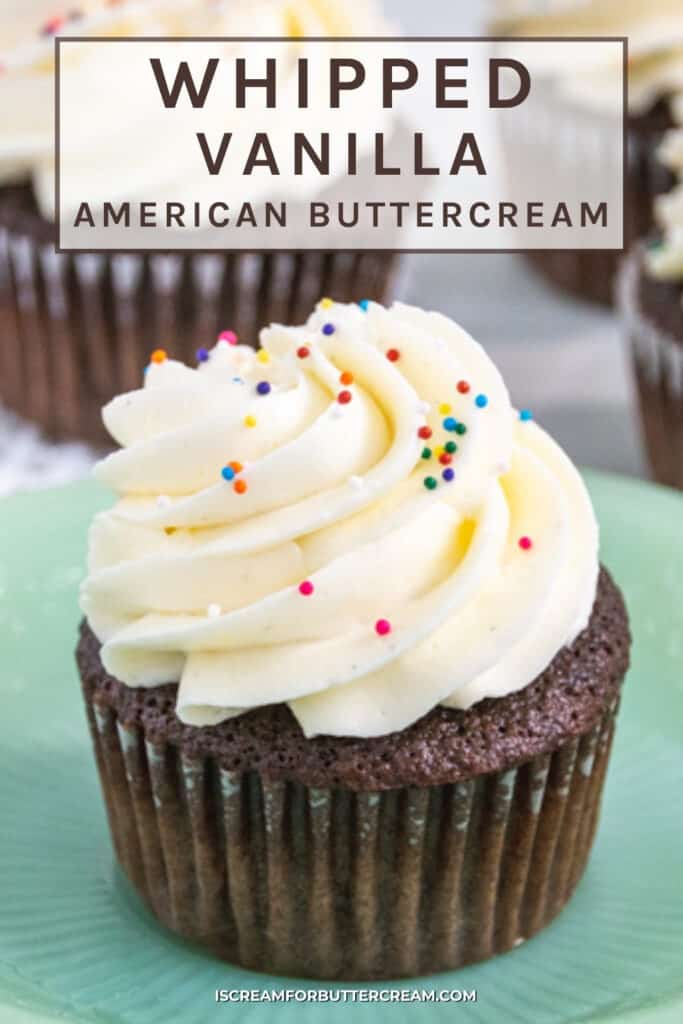 whipped buttercream on a chocolate cupcake with text overlay