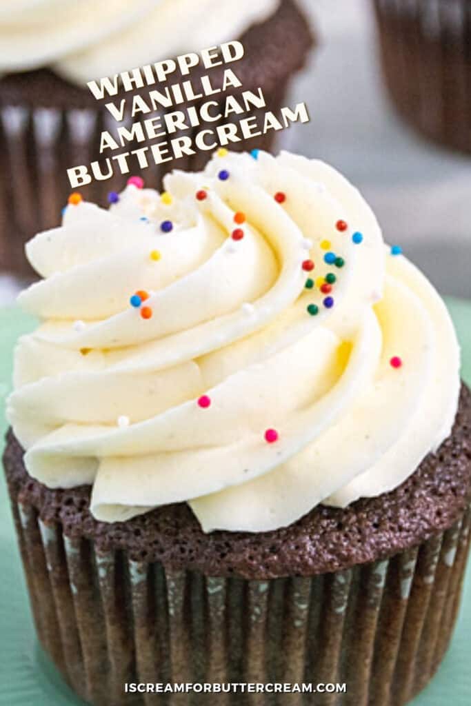fluffy vanilla buttercream on cupcake with text overlay