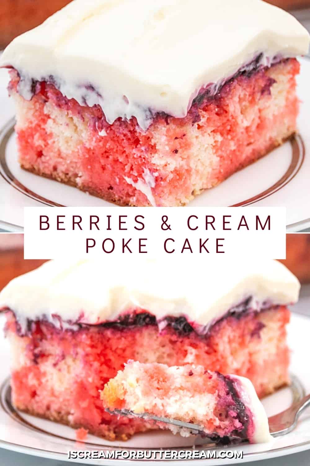 pin graphic for berries and cream poke cake