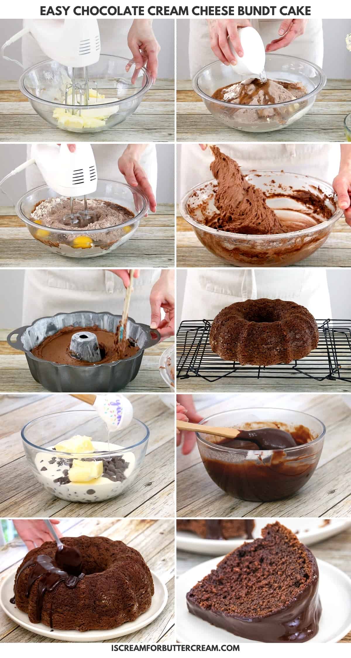 collage of steps for the chocolate pound cake