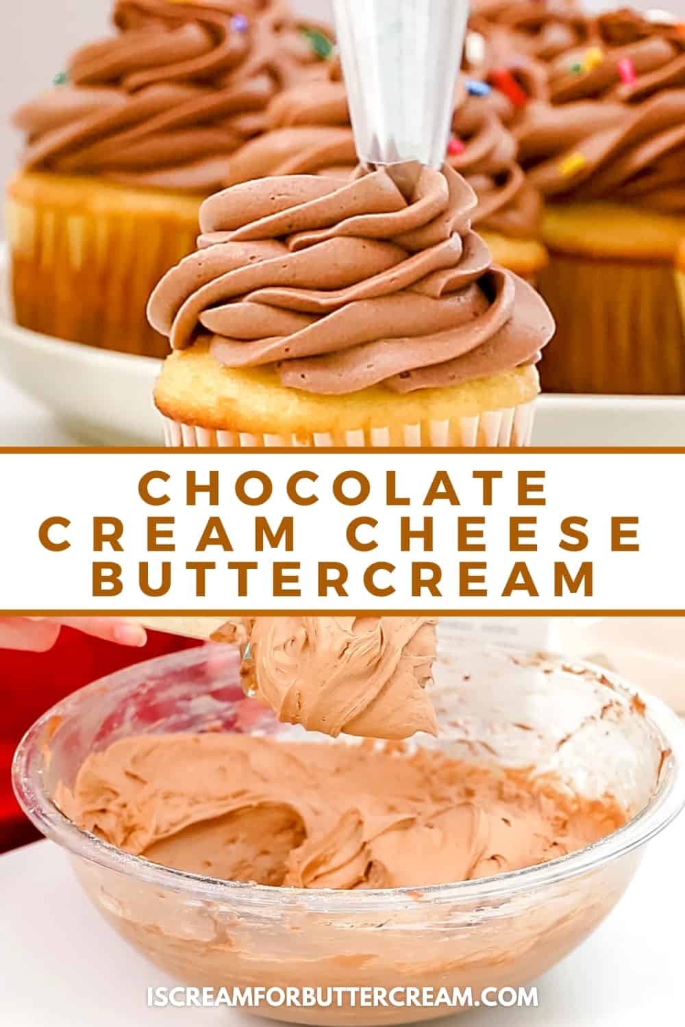 pin of chocolate buttercream on a cupcake