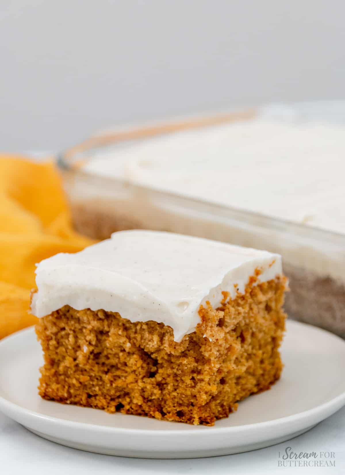 slice of fall sweet potato cake with cream cheese frosting