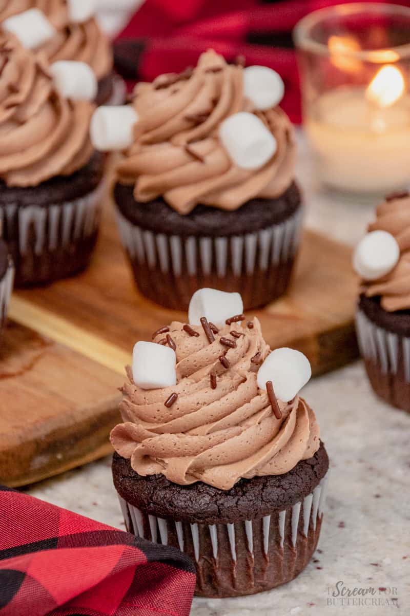 Close up of chocolate icing made with hot cocoa with marshmallows on top.