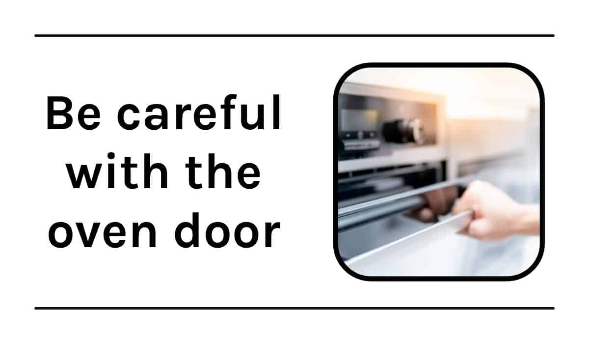 Graphic with text and a hand on an oven door.