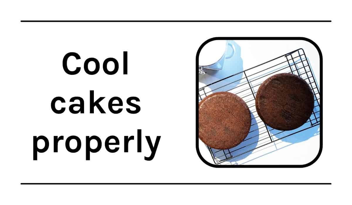 Graphic with text with cake layers on cooling rack.