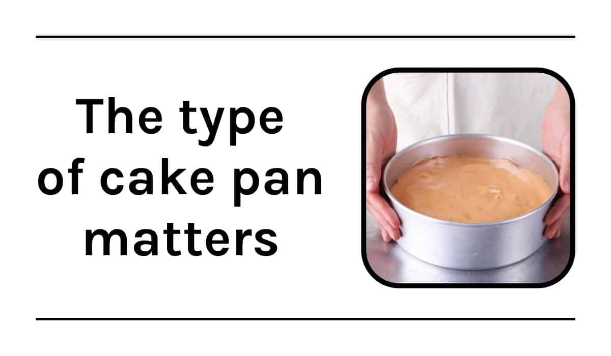 Graphic with text and cake batter in pan.