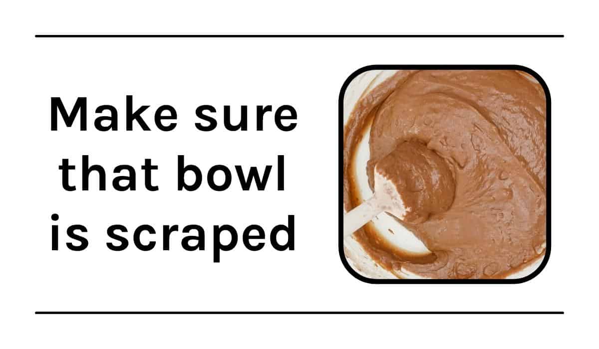 Graphic with text with chocolate cake batter in a bowl.