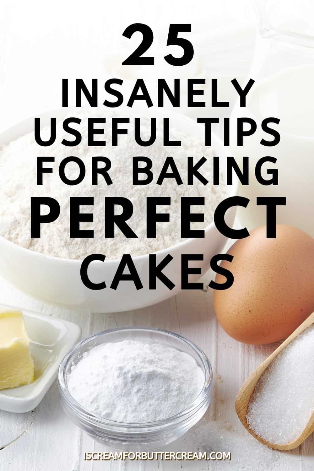 Baking cakes pin graphic with baking ingredients.