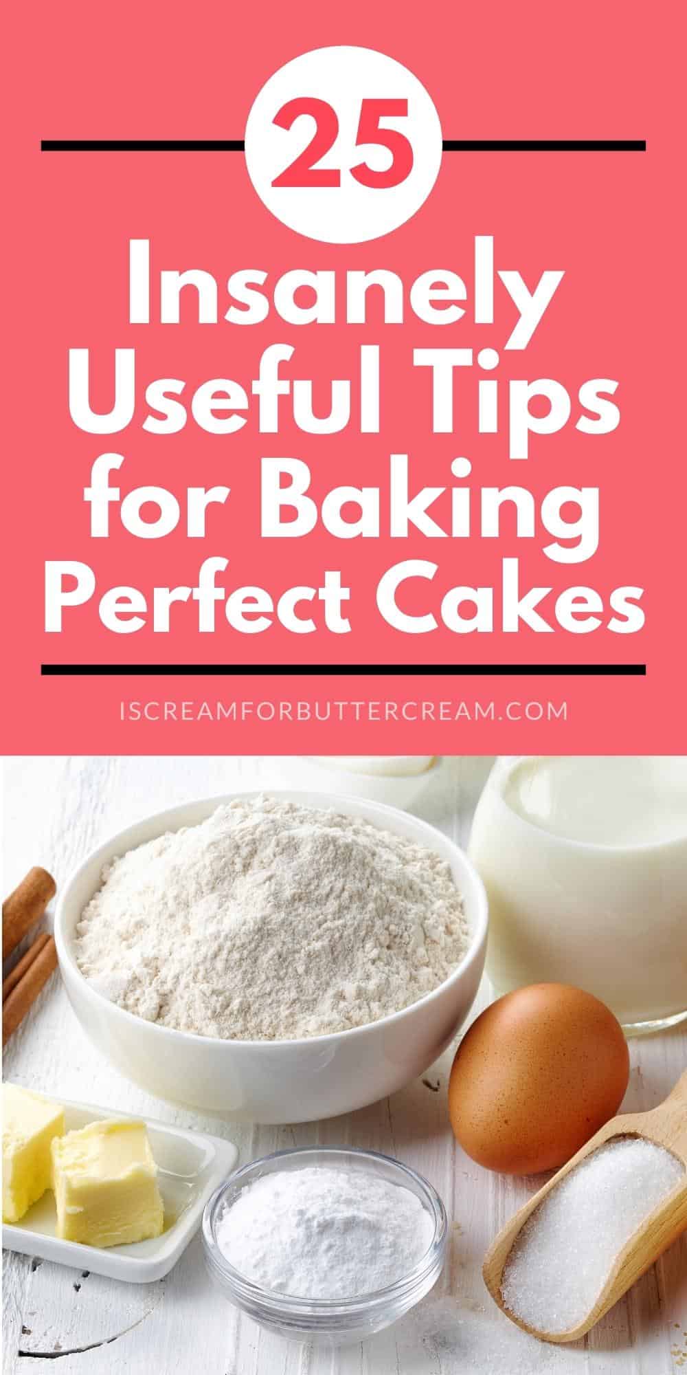 Baking tips pin graphic with pink overlay and baking ingredients.