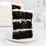 Large slice of black and white cake on a plate.