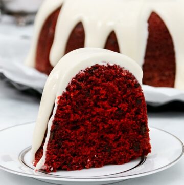 Close up of red velvet slice of cake.