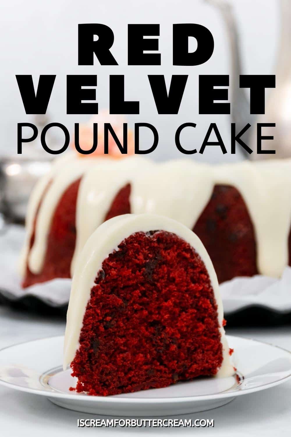 Red velvet pound cake with glaze pin graphic.