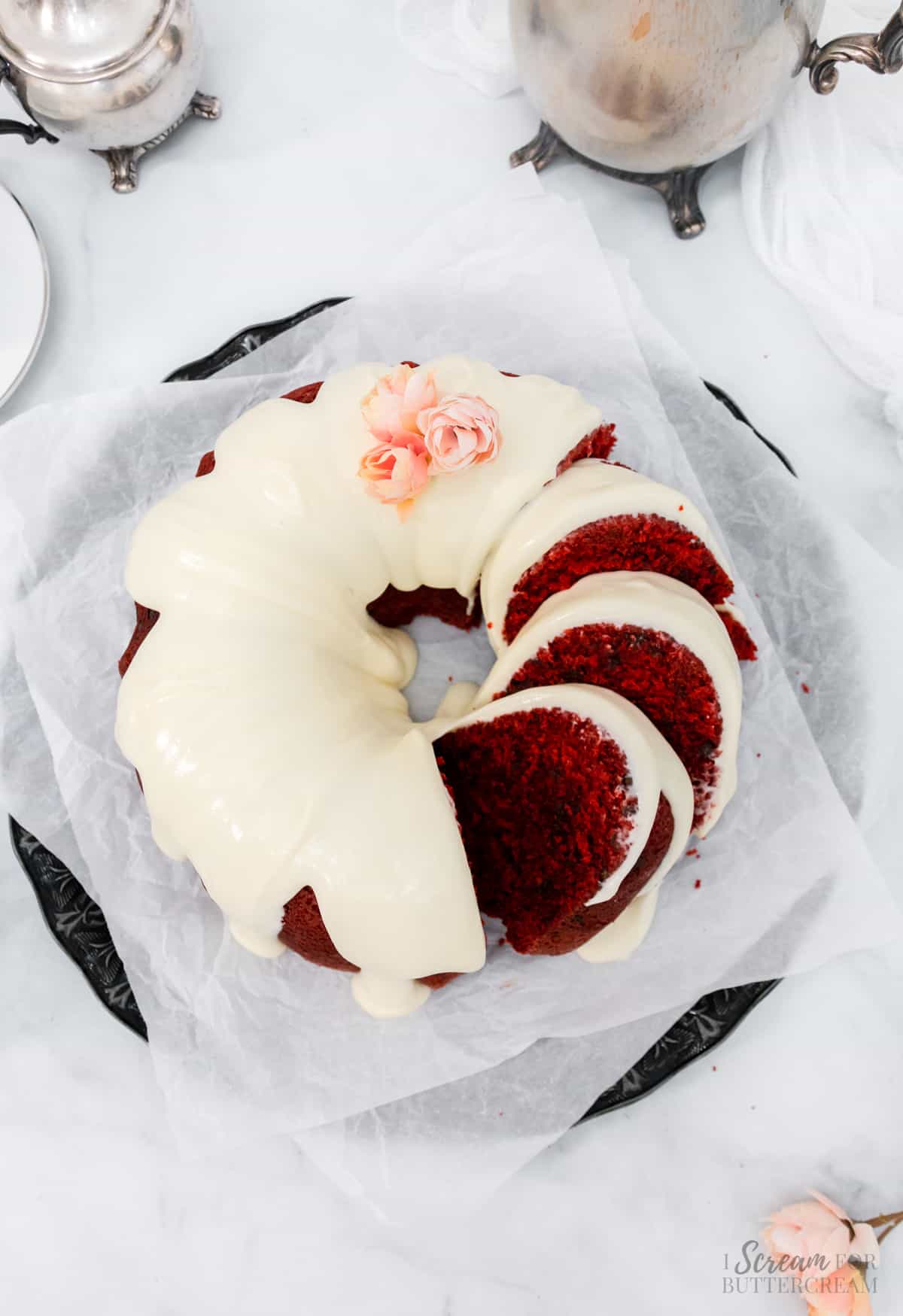 Top view of red velvet pound cake with slices cut.