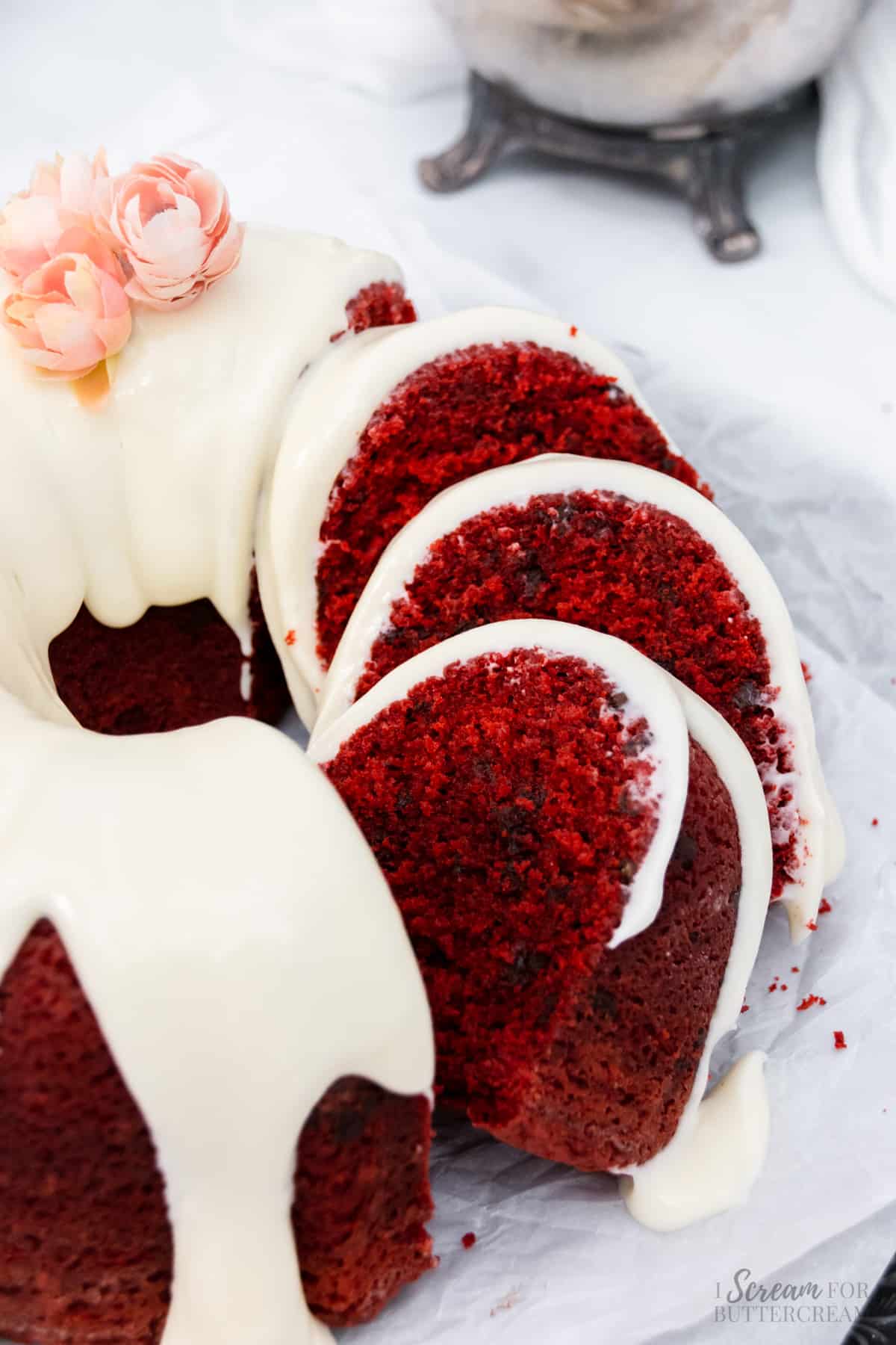 Top view of slices of red velvet cake.