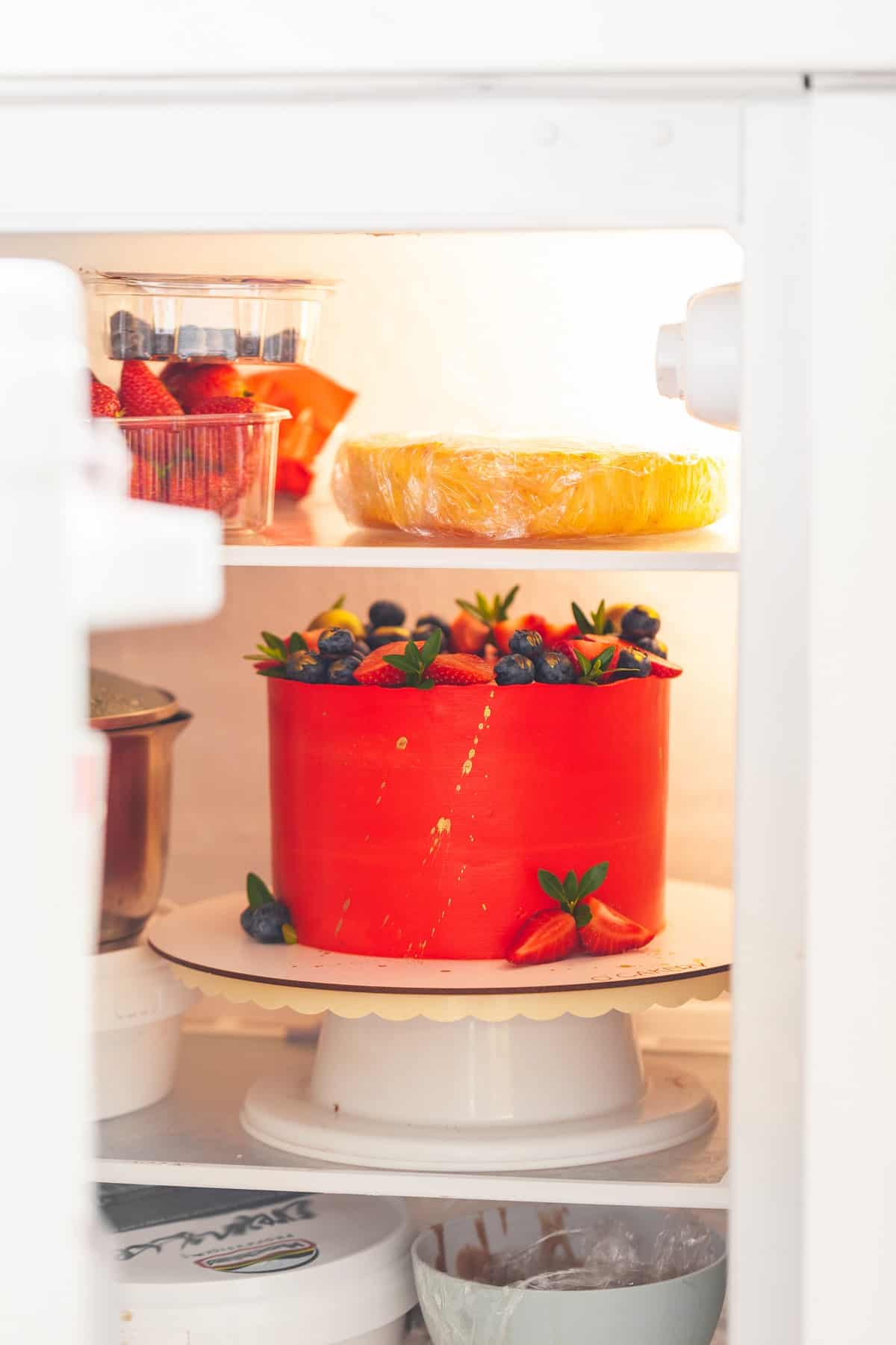 Cake stored in a fridge.