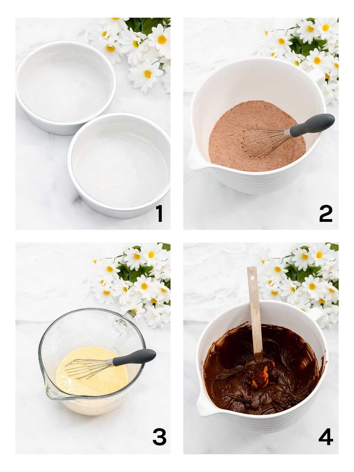 Collage for mixing chocolate cake batter.