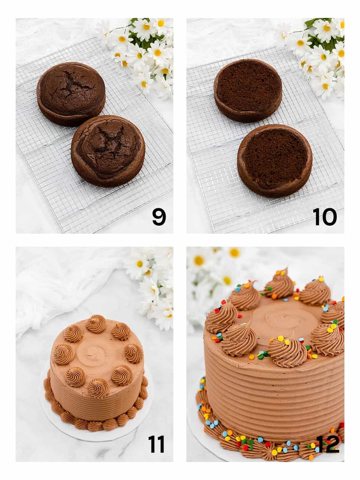 Collage of cooling cakes and icing the cake.