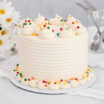Small decorated vanilla cake with sprinkles.