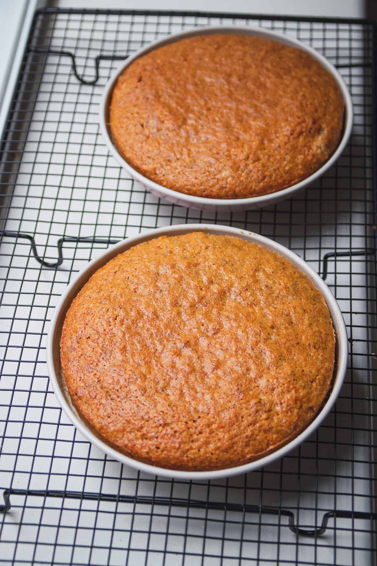 Cake layers in pan on a rack.