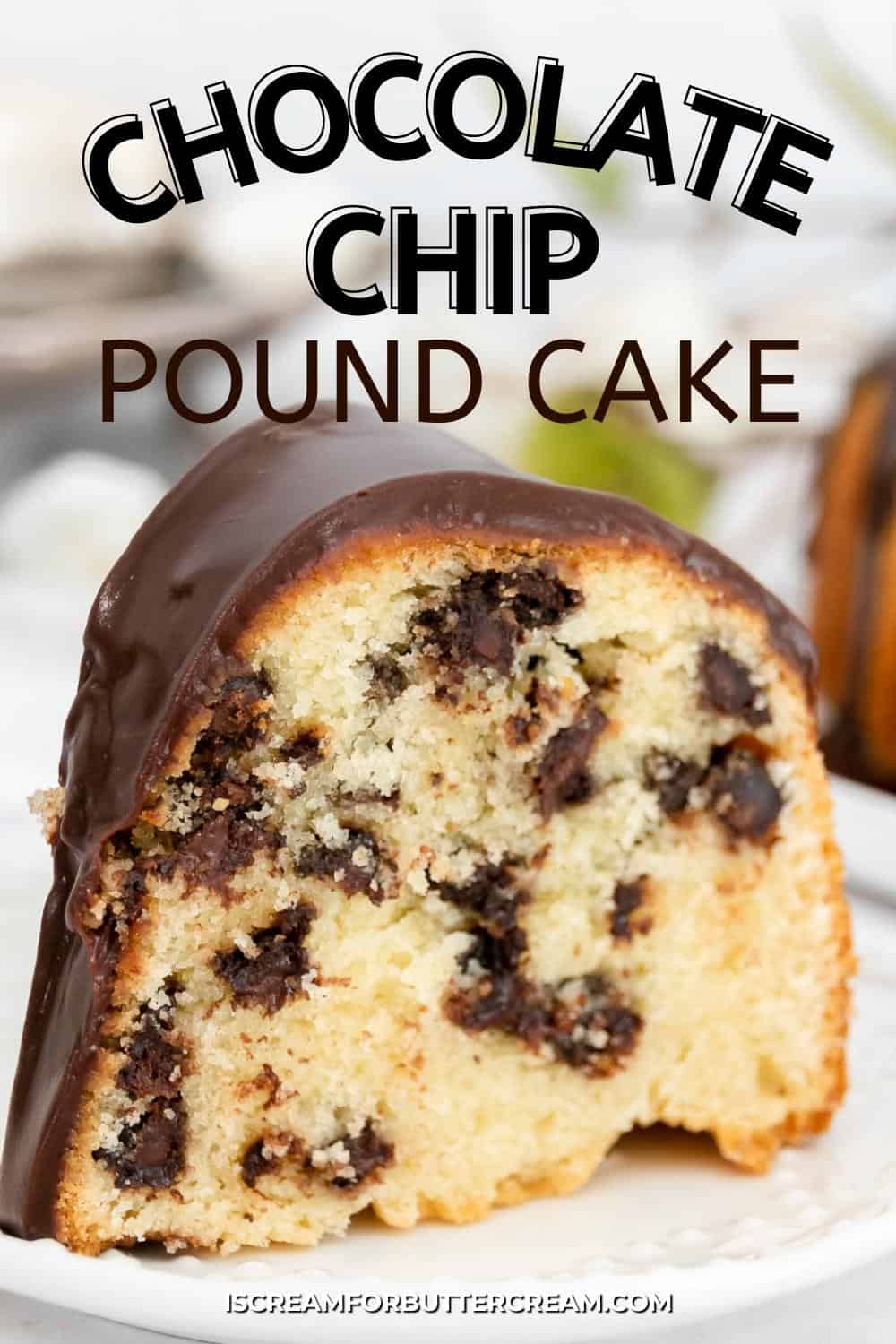 Pin graphic with close up view of chocolate chip sour cream cake.