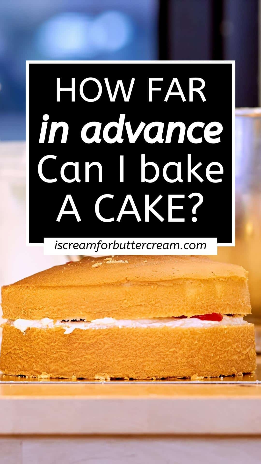 Vanilla cake layers with cream as filling with text overlay.