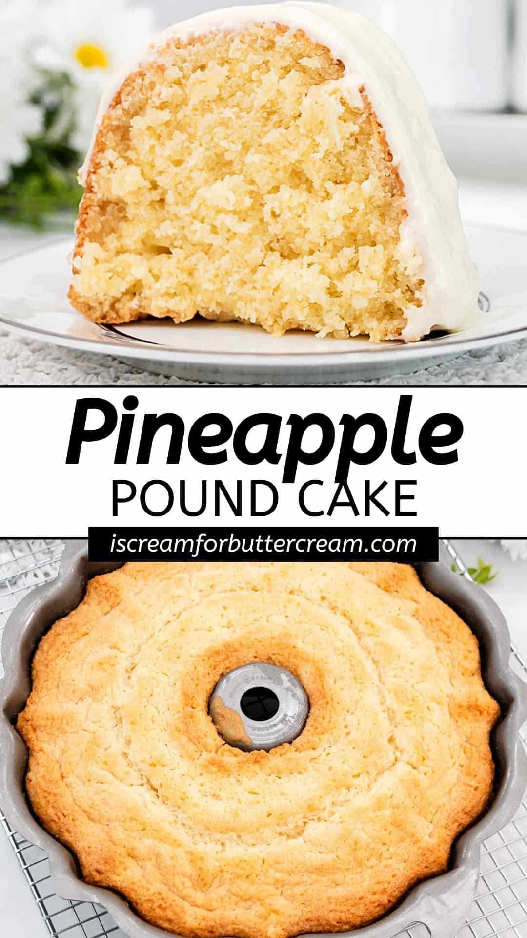 Collage of bundt cake with pineapple and text overlay.