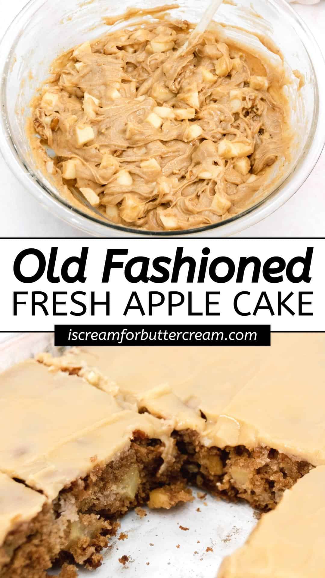 Collage of apple cake batter and baked cake pin 2.